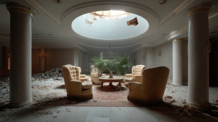 Abandoned luxury hotel lounge with faded grandeur and vintage furniture