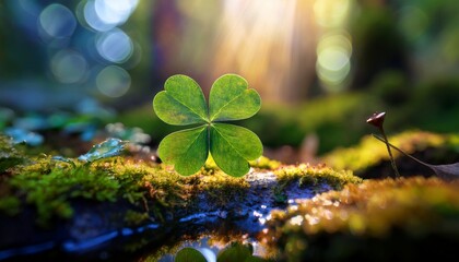 this evocative scene presents a four leaf clover caught in prismatic reflections celebrating the mystical essence of st patrick s day as soft light and moss textures deepen its charm