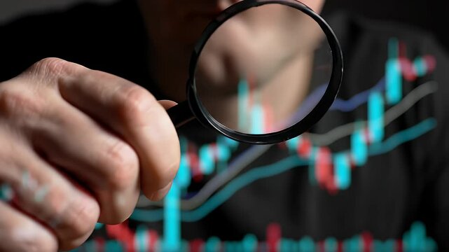 Person Holding Magnifying Glass Over Financial Stock Market Chart Investment Analysis in Dark Room with Focus on Candlestick Diagram and Data