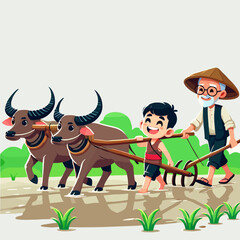 Happy Farmer and Child with Buffalos Plowing Field Cartoon