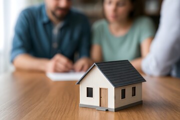 house model mortgage loan real estate contract home buying couple signing agreement investment property purchase financial planning housing market deal ownership realtor client meeting
