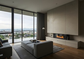Contemporary Luxurious Living Room with Fireplace and Cityscape View