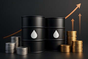 oil barrels gold coins silver coins energy market fuel price increase financial growth crude oil investment rising economy black barrels upward arrows wealth money business background