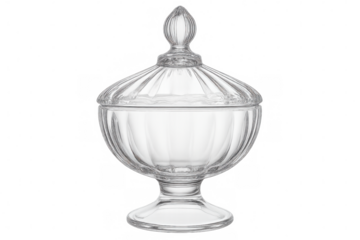 Elegant ribbed empty crystal candy bowl with lid, isolated on transparent background, ready for compositing