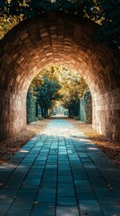 Fototapeta premium Walking Through Stone Archway in Autumn with Fallen Leaves