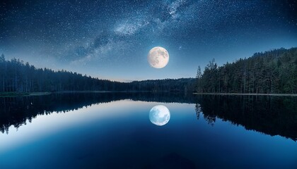 moonlit reflection on calm lake surrounded by forest under starry night sky