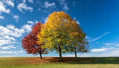 a single tree exhibits the four seasons with fall winter spring and summer foliage against a blue sky with clouds