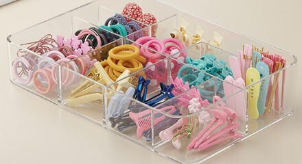 A clear container filled with assed hair clips showing a clear organizer with hair clips, ties, and mini combs