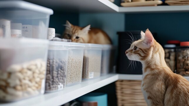 Organized Storage Shelf with Labeled Pet Supplies for Neat Home Organization