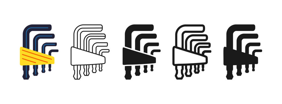 Hex allen wrench key icon symbol set. Classic hex wrench repair tool builder mechanic, plumber. Construction mechanical maintain metal tool sign professional stylized cartoon vector illustration