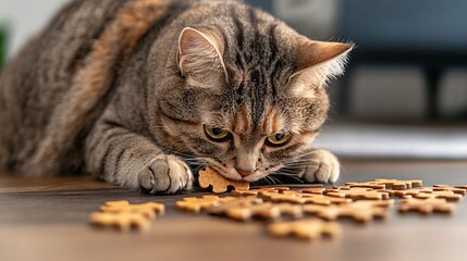 Clever Cat Engaging in Treat Puzzle for Mental Stimulation