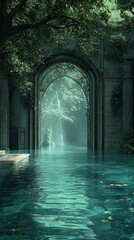 Entering Stone Archway Into Natural Pool with Waterfall