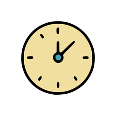 Minimalist analog wall clock illustration showing time at 1:00, round shape, hand-drawn style, no numeric markings