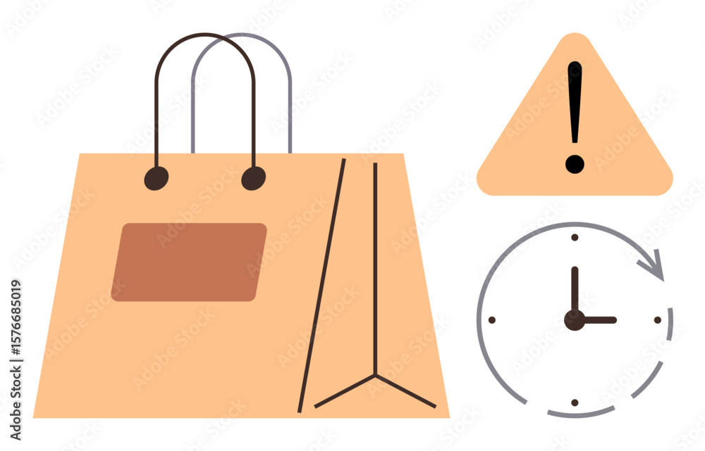 Poster shopping bag with handles, clock showing time pressure, and triangular warning sign with exclamation