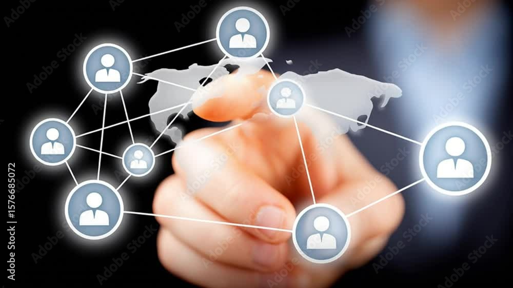 Aufkleber hand interacting with global network interface on dark background