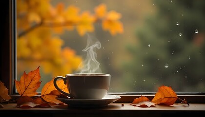 A warm coffee cup rests on a window sill, framed by vibrant autumn leaves, perfect for a cozy fall day