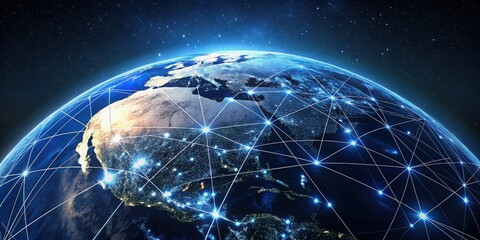 A view of earth from space with interconnected network lines and city lights visible at night