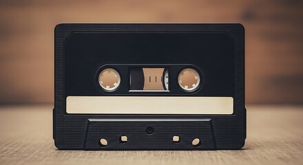 Obraz premium A close-up shot of a black audio cassette tape with a white label, set against a wooden background.