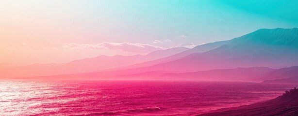 A vibrant landscape featuring a pink ocean and mountains under a pastel sky at sunset or sunrise