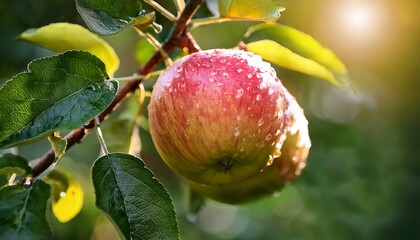 close up macro shot of dewy apple on tree branch surrounded by vibrant green leaves in natural setting