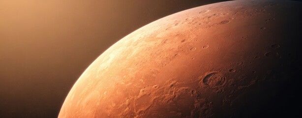 A close up view of mars showing its surface craters and reddish color against a dark background
