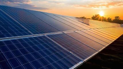 Solar panels capture the setting suns vibrant and warm reflections