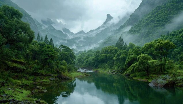 Serene river meanders through lush green valley, mist shrouding majestic mountains under a cloudy sky, reflecting tranquility in still water