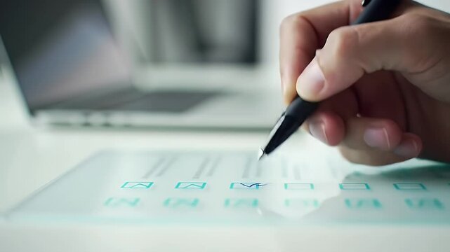 Hand Completing Digital Checklist with Pen on Transparent Display in White Background Near Laptop Checking Boxes Form with Compliance Business Office