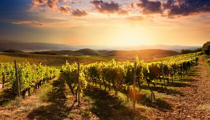 Naklejka premium a picturesque vineyard with rows of grapevines under a golden sunset