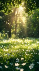 Obraz premium Blooming Meadow with Sunlight Streaming Through Trees in Spring