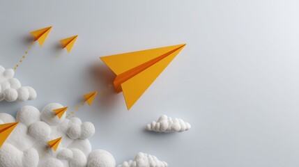 Paper planes, clouds, light background