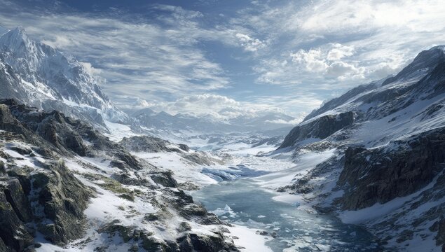 A panoramic view of a snow-capped mountain range with a frozen lake in a valley, bathed in sunlight under a partly cloudy sky