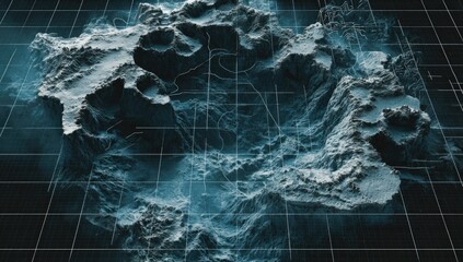 A 3D rendering of a mountainous terrain, overlaid with a grid, showcasing a dark teal color palette and textured surfaces