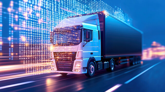 Modern truck driving highway, surrounded by digital data streams, symbolizes future of freight transportation and logistics. vibrant blue background enhances technological theme, evoking sense