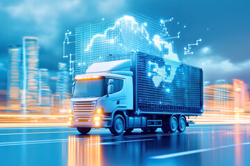 Modern truck driving through futuristic cityscape, showcasing advanced technology with digital elements and global map overlay. scene conveys innovation in logistics and transportation