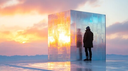 Person Standing Before Ice Cube Structure at Sunset