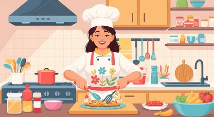 Flat cartoon female chef cooking in a kitchen, culinary and restaurant scene.