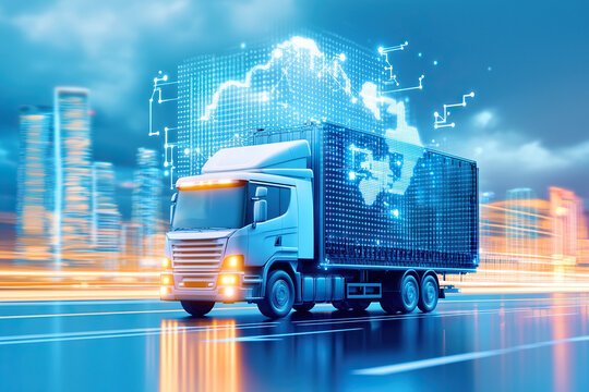 Modern truck driving through futuristic cityscape, showcasing advanced technology with digital elements and global map overlay. scene conveys innovation in logistics and transportation - Powered by Adobe