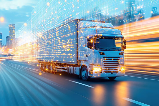 Modern logistics truck moves swiftly along city road, illuminated by digital effects representing smart logistics network powered by IoT technology. scene conveys speed and innovation