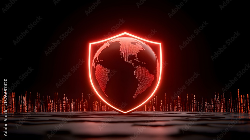 Aufkleber a glowing red neon shield encircles a digital globe, set against a backdrop of red data streams, sym