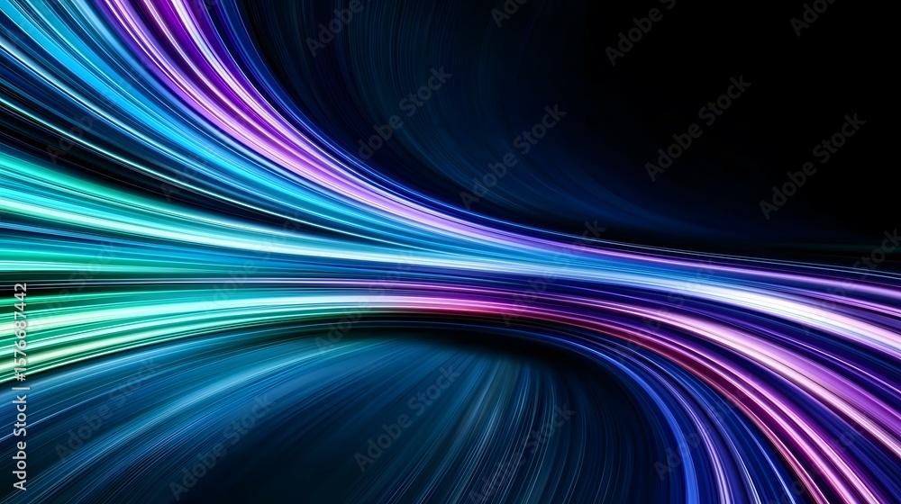 Poster the image contains an abstract design featuring vibrant, curved lines of blue, purple, and teal colo