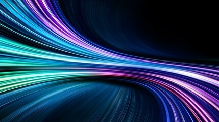 The image contains an abstract design featuring vibrant, curved lines of blue, purple, and teal colors against a dark background, creating a dynamic and energetic visual effect.
