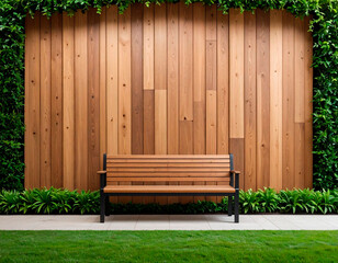 Green scenery with background and wooden bench