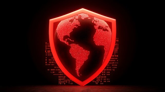 A glowing red shield, digitally rendered, protects a pixelated world map composed of binary code, symbolizing global cybersecurity.
