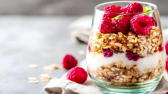 Layered parfait granola, yogurt, fresh raspberries a glass. Perfect a healthy breakfast snack.