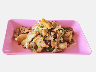 Spicy Thai Waterfall Beef Salad on Pink Plate