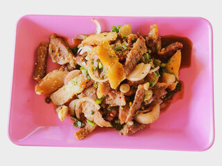Spicy Thai Waterfall Beef Salad on Pink Plate