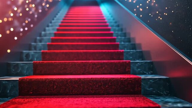 Ascend to elegance mesmerizing cinematic journey of a red carpet staircase with sparkling ambiance