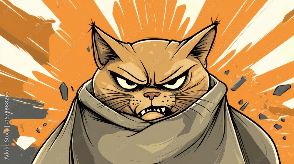 Poster an angry cartoon cat displaying an aggressive and confrontational expression