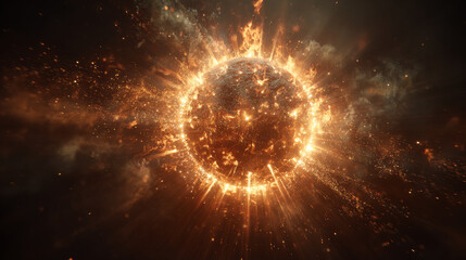 Explosion of sun creates stunning visual display of fiery particles and cosmic energy, evoking sense of awe and wonder
